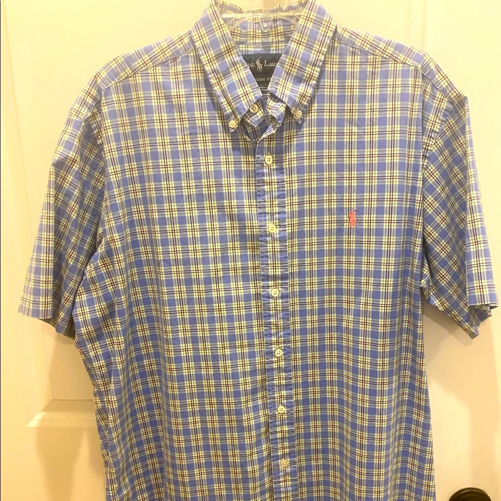 Sz Lg blue plaid Ralph Lauren s/s Button up EUC!
